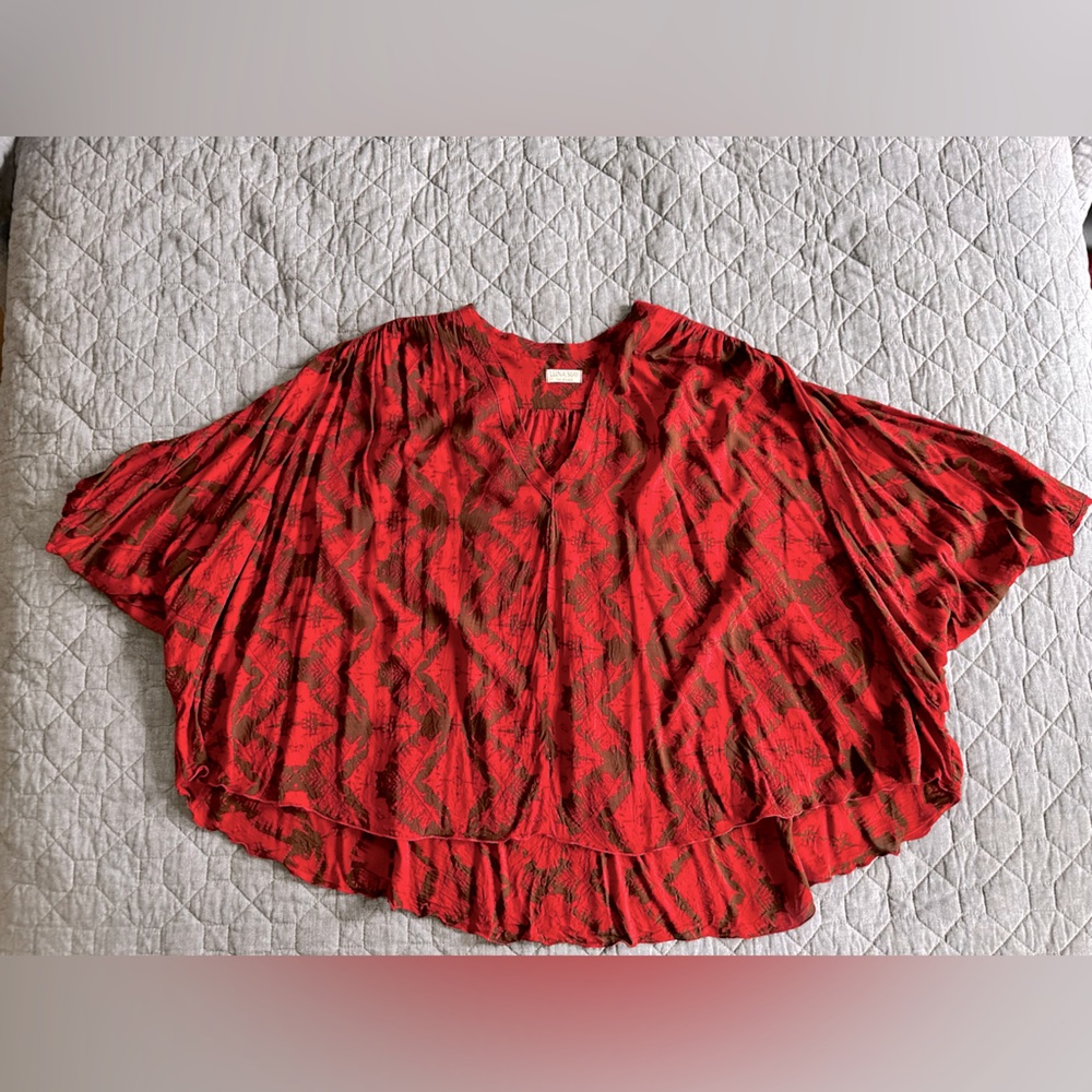Fun and flowy batwing sleeve red shirt handmade - one size fits most